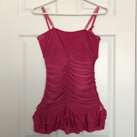 Rare Y2K Seduction Ruched Spaghetti Strap Top S Fit Ruffle Hem Magenta Pink - Picture 8 of 14